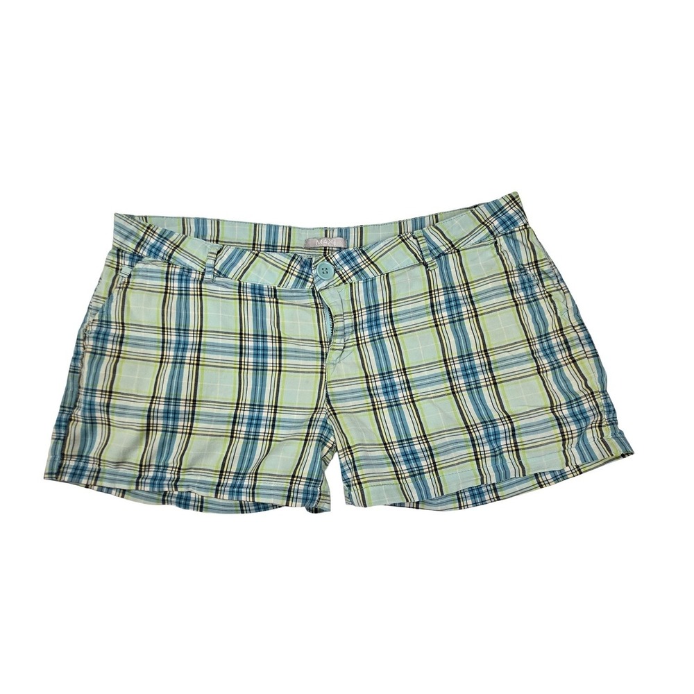 Max Studio Y2K Low Rise Blue Green Plaid Cotton Stretch Shorts Size 6 Preppy